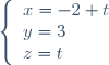 \left \lbrace \begin{array}{l} x=-2+t \\ y=3\\ z=t \end{array} \right.